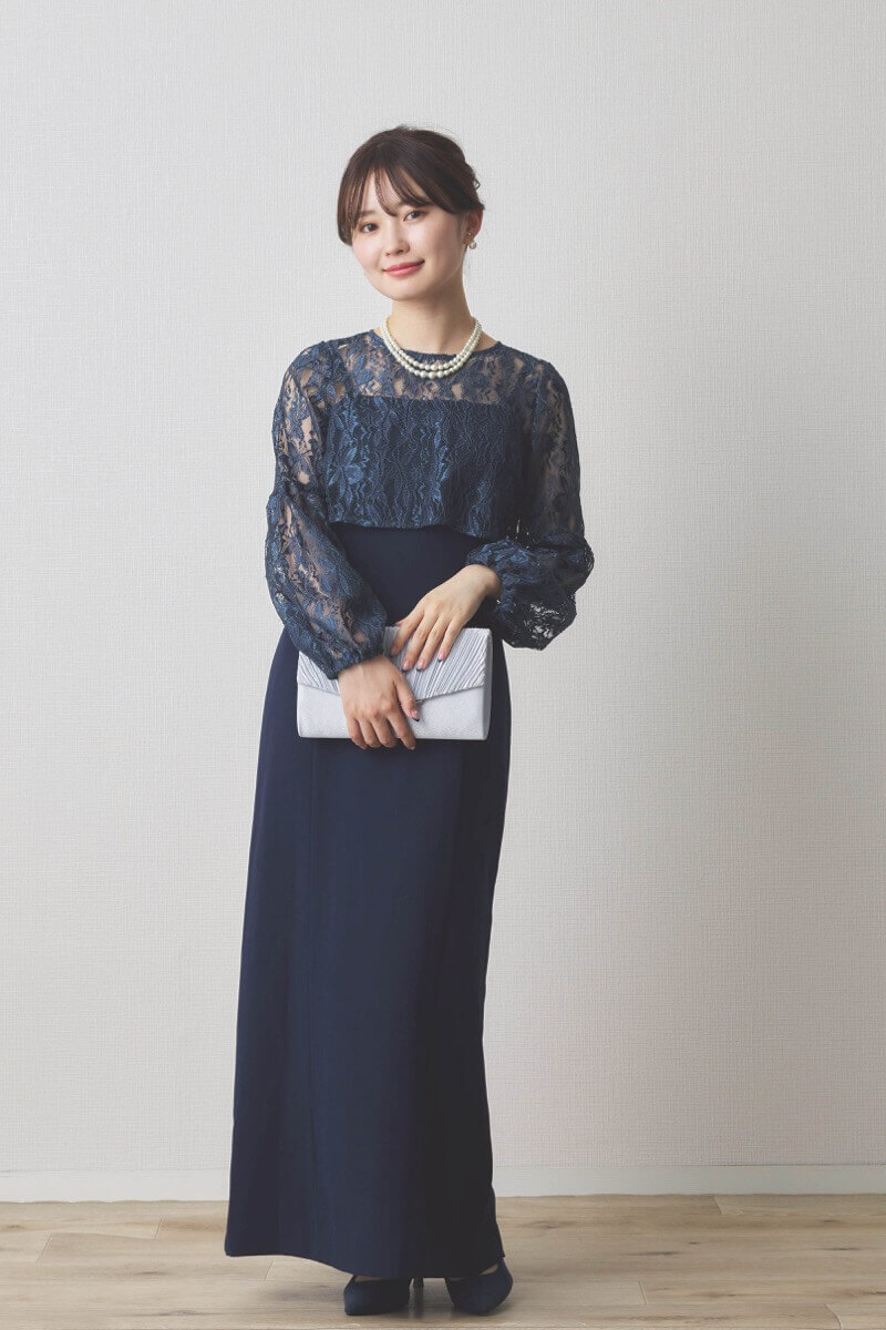 ネイビーのレースブラウス付きタイトラインドレス