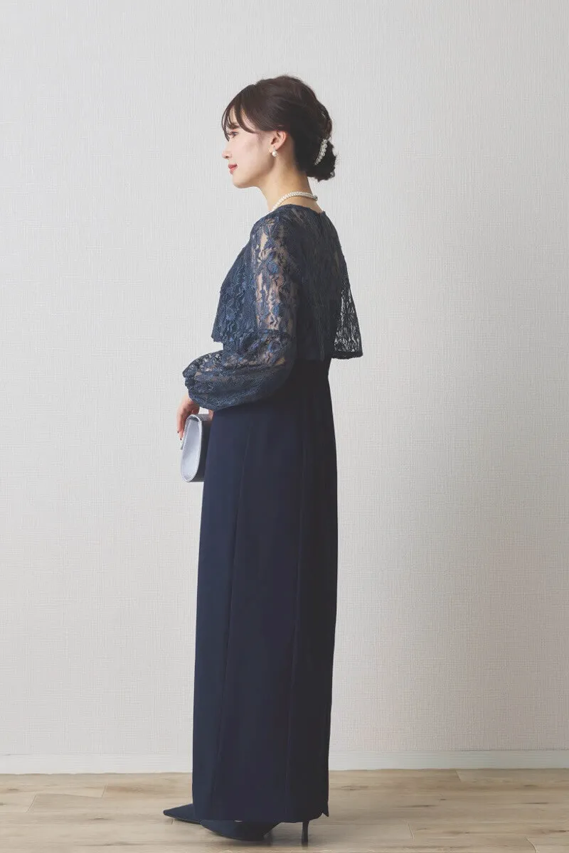 ネイビーのレースブラウス付きタイトラインドレス