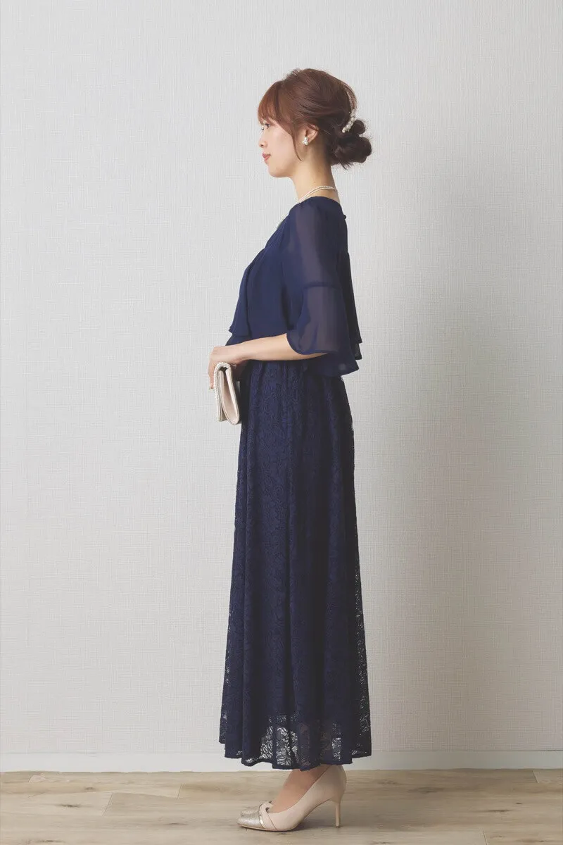 ネイビーの授乳口付きレーススカートドレス