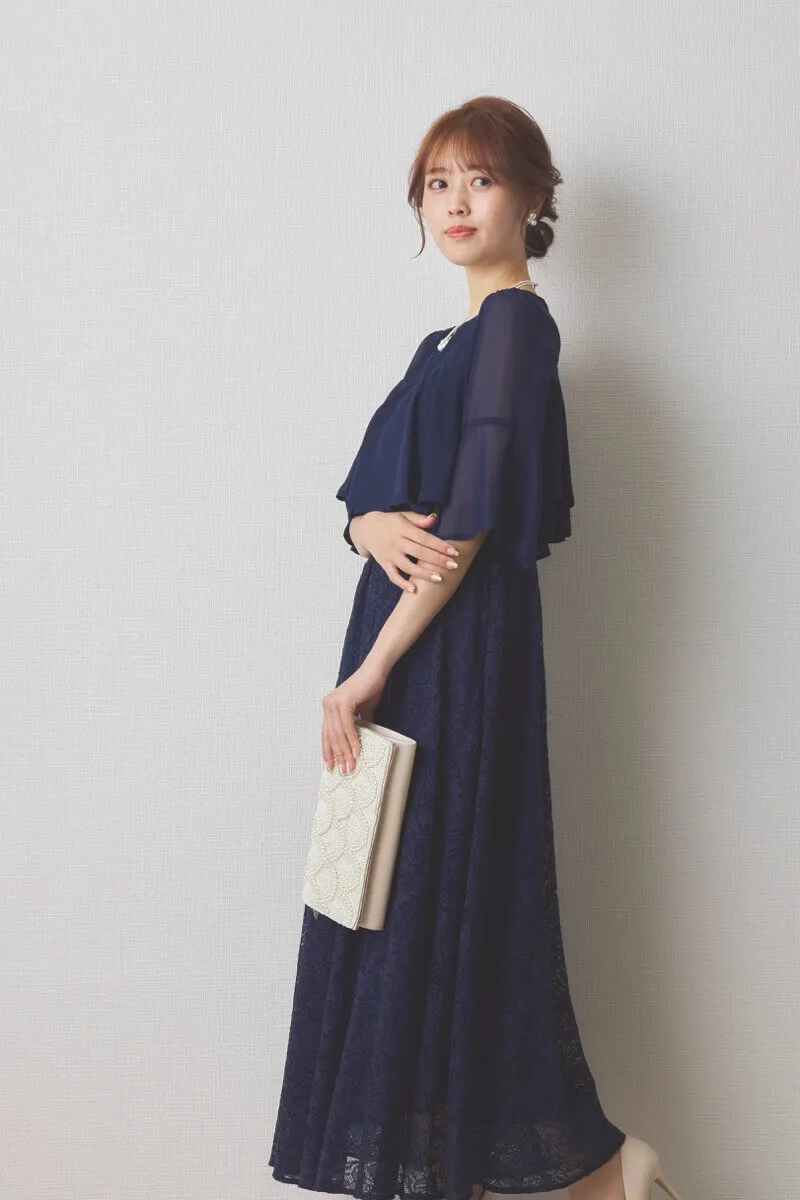 ネイビーの授乳口付きレーススカートドレス