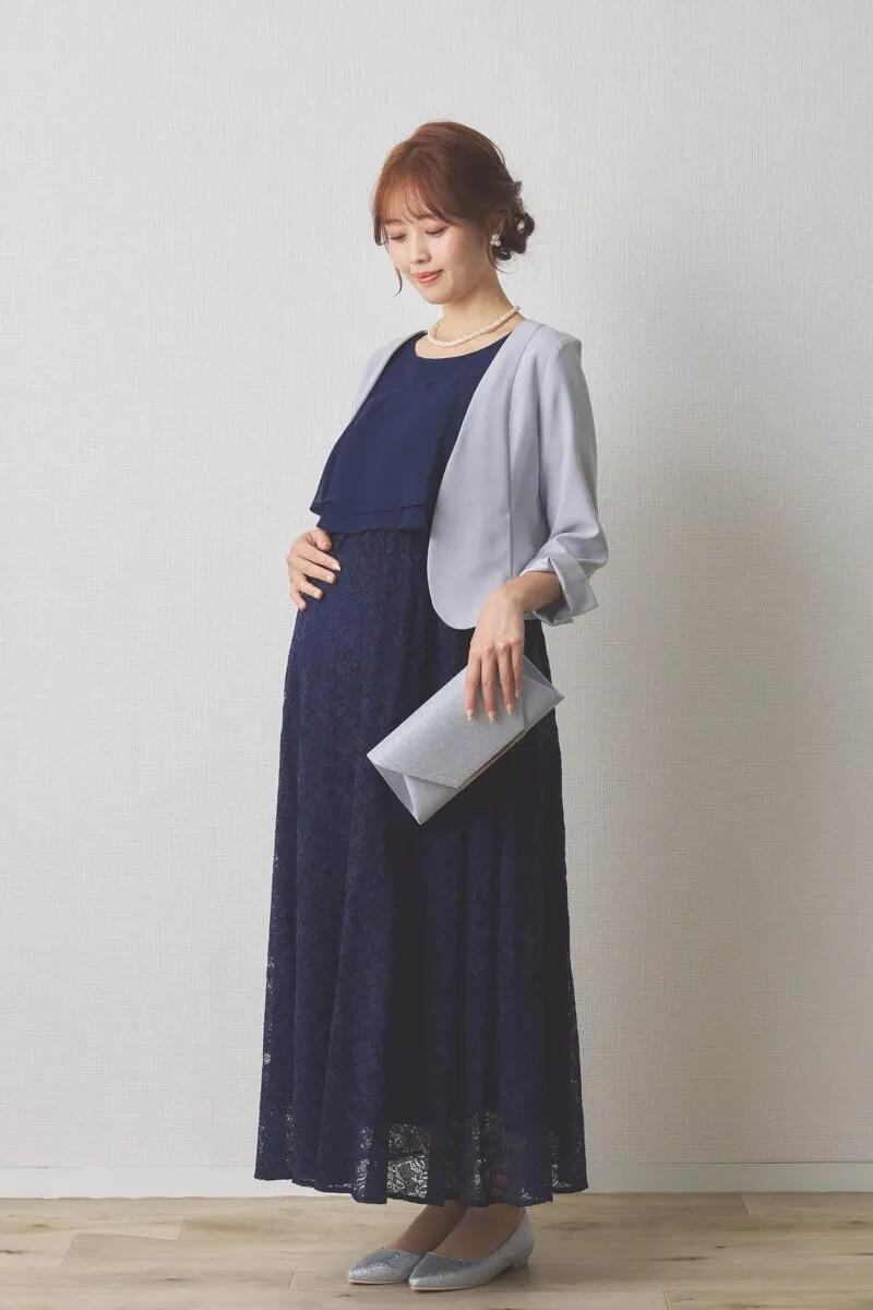 ネイビーの授乳口付きレーススカートドレス