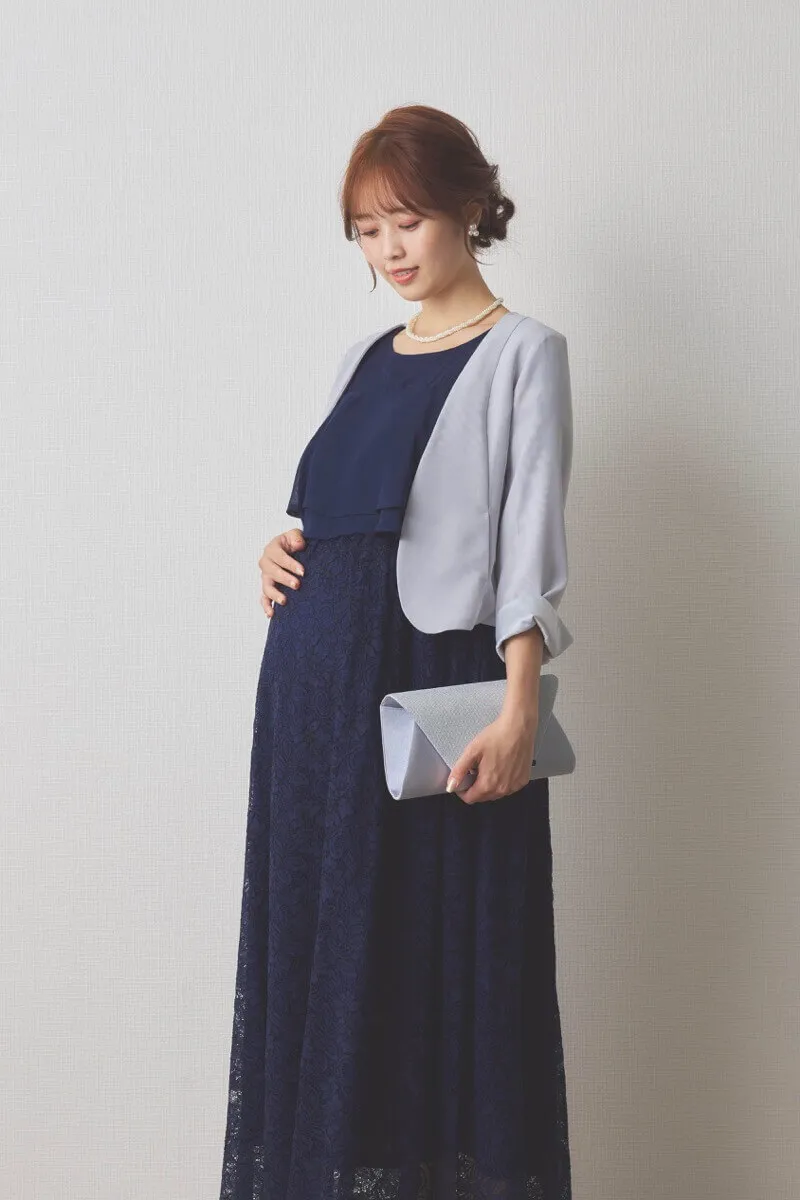 ネイビーの授乳口付きレーススカートドレス