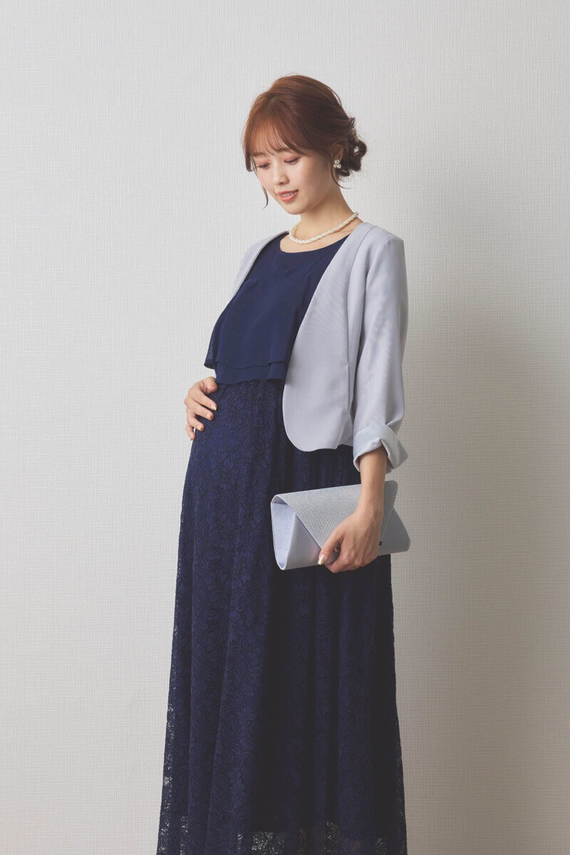 ネイビーの授乳口付きレーススカートドレス