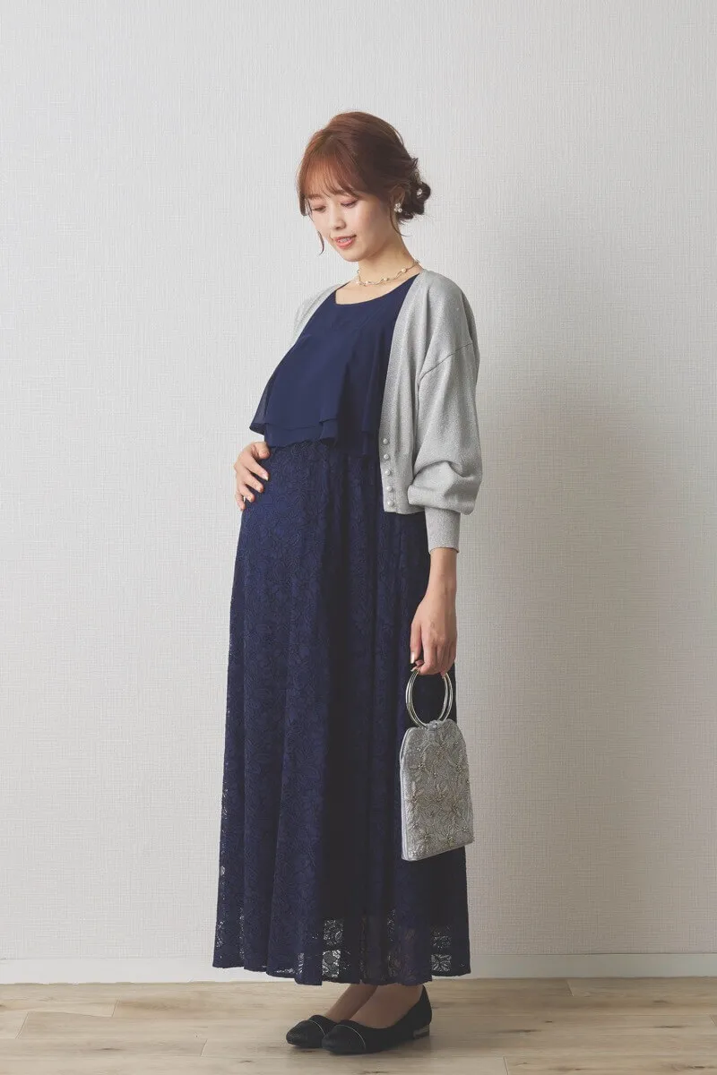 ネイビーの授乳口付きレーススカートドレス
