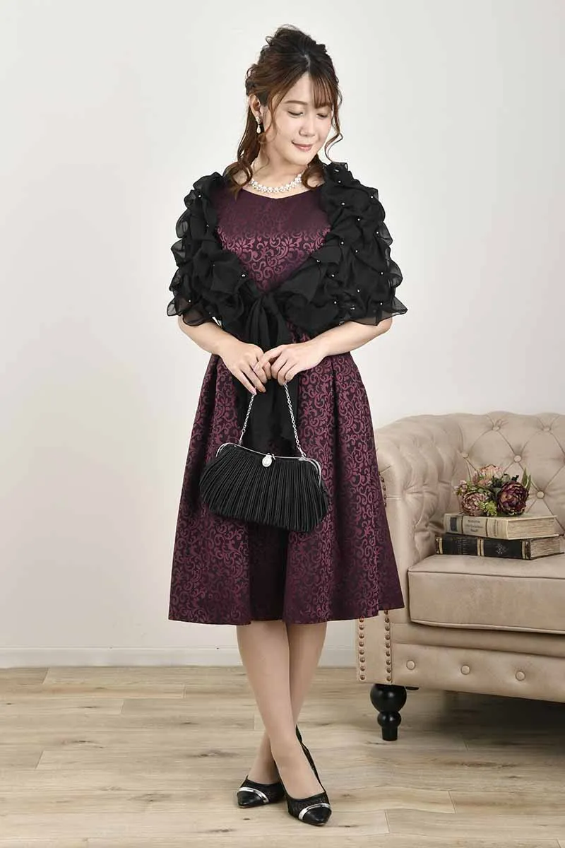 ワインレッドの2wayネックジャガードドレス