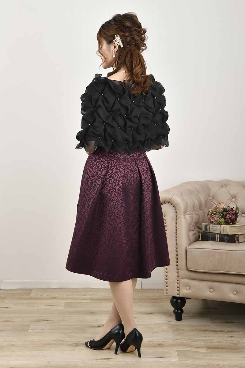 ワインレッドの2wayネックジャガードドレス