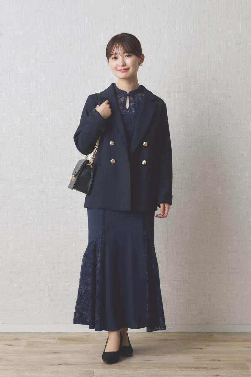 ネイビーのスイッチングレースマーメイドドレス