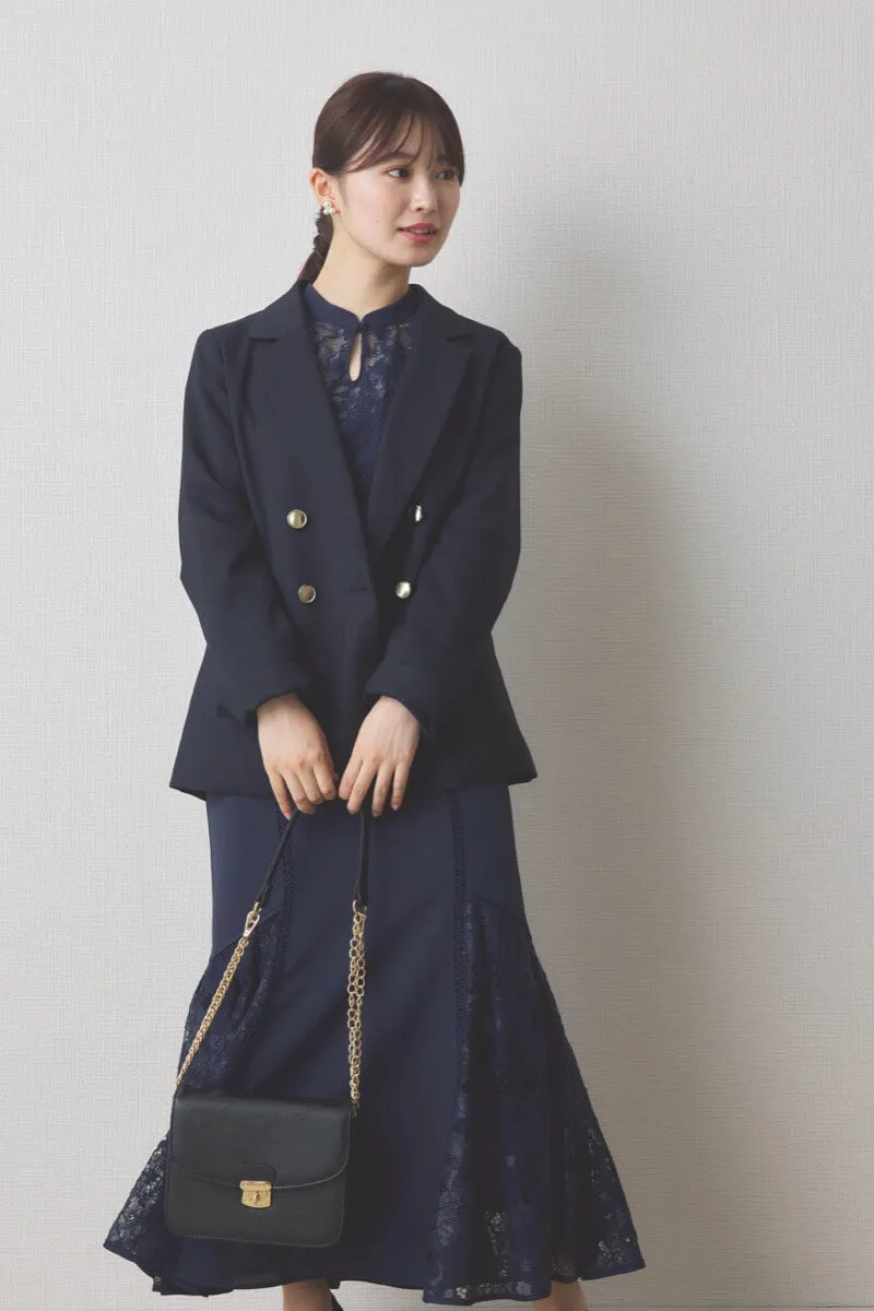 ネイビーのスイッチングレースマーメイドドレス