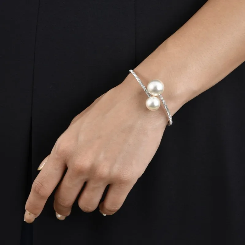 ダブルパールのラインストーンバングル(シルバー)