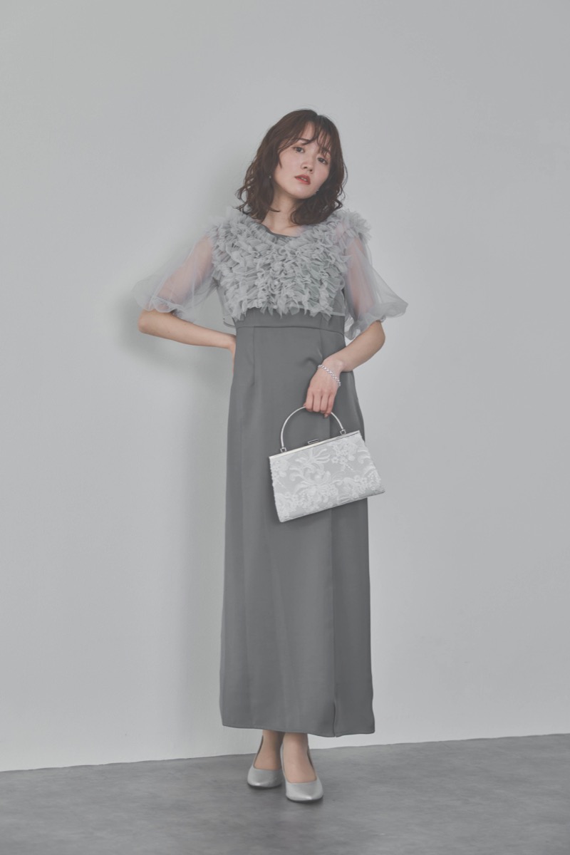 ブルーのチュールフリルアシンメトリードレス