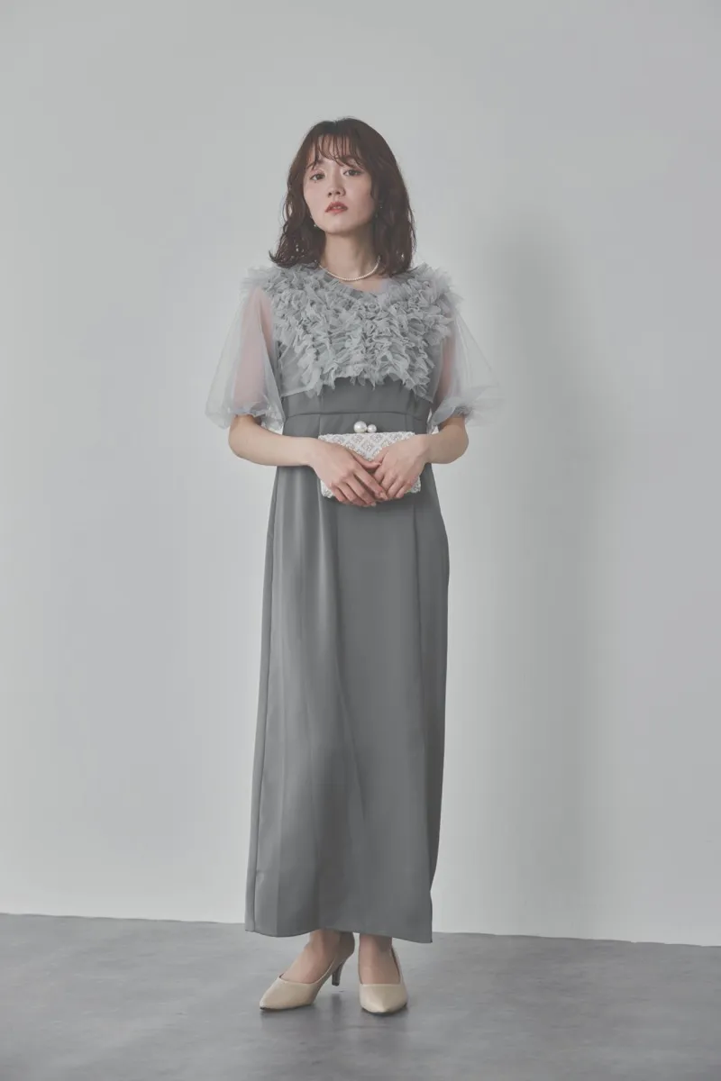 ブルーのチュールフリルアシンメトリードレス