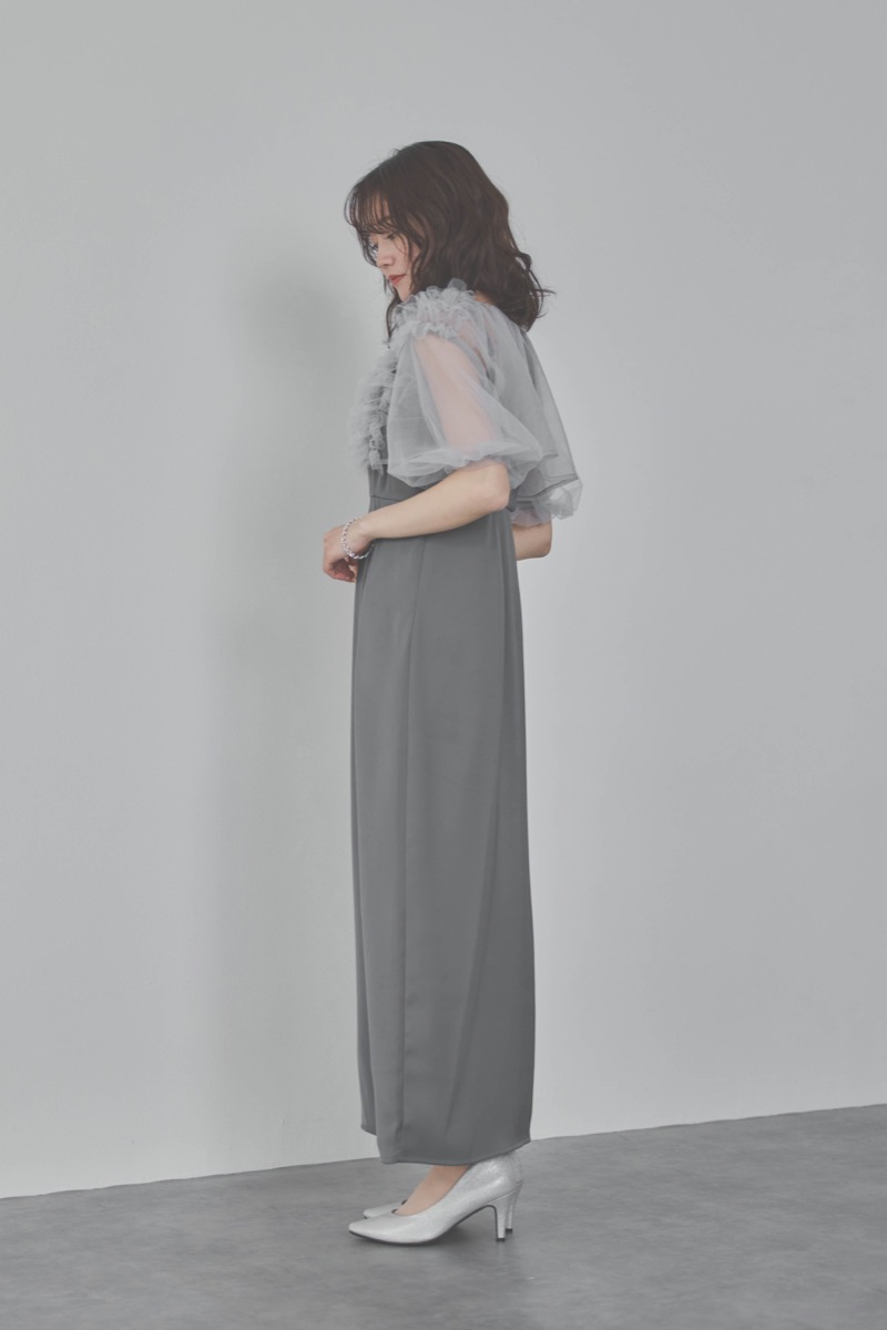 ブルーのチュールフリルアシンメトリードレス