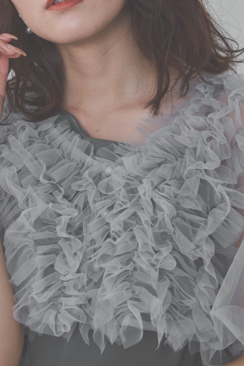 ブルーのチュールフリルアシンメトリードレス