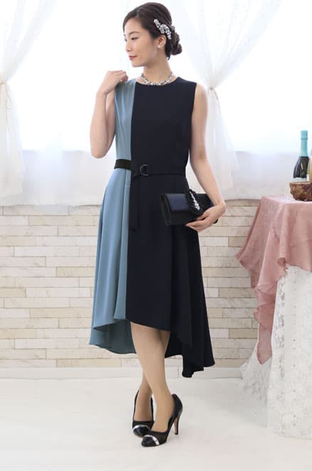 ネイビー×ブルーの配色フィッシュテールドレス