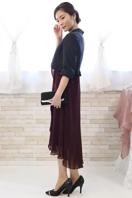 ワインレッドのドレープシフォンドレス