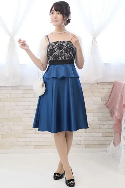 ブルーのハイウエスト切替サテンドレス