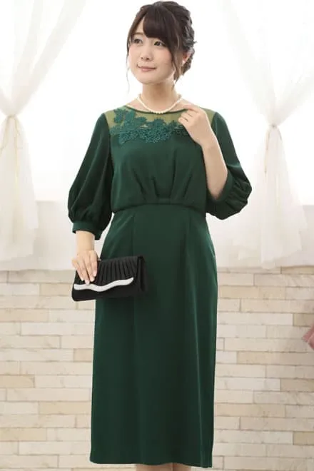 グリーンの花柄レースボリュームスリーブドレス