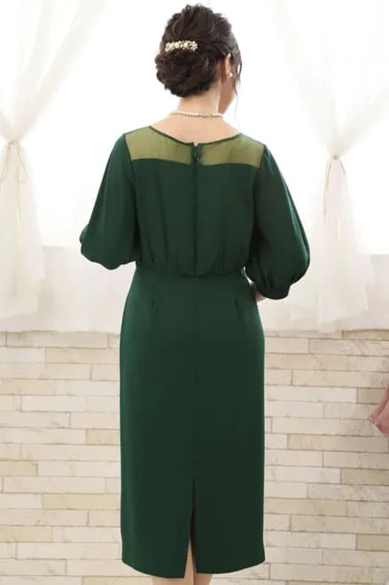 グリーンの花柄レースボリュームスリーブドレス