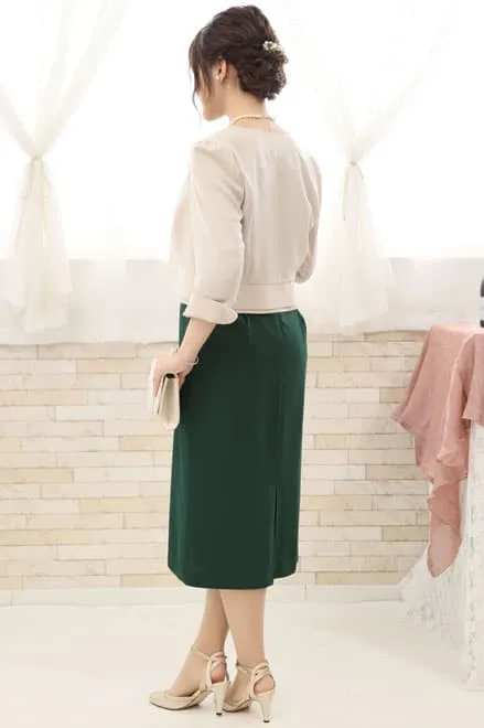 グリーンの花柄レースボリュームスリーブドレス