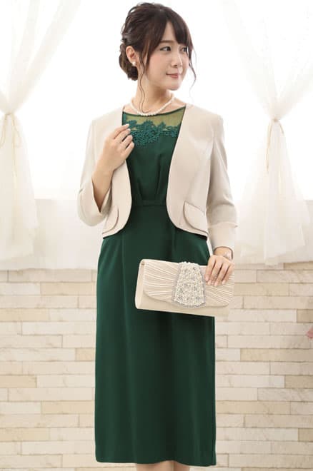 グリーンの花柄レースボリュームスリーブドレス