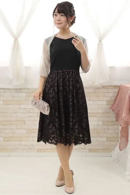 ブラックのウエスト切替え花柄レースドレス