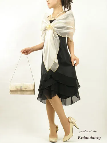 ブラックのサテン×シフォンフリルドレスコーディネートセット