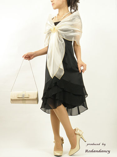 ブラックのサテン×シフォンフリルドレスコーディネートセット