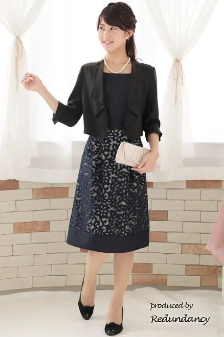 ネイビーのサテン×チュールの切替えドレスコーディネートセット