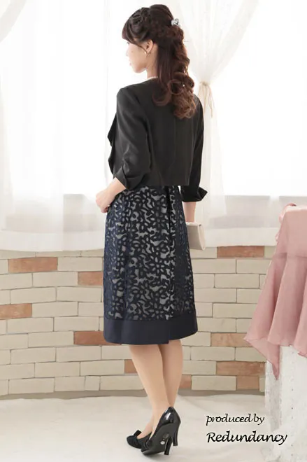 ネイビーのサテン×チュールの切替えドレスコーディネートセット