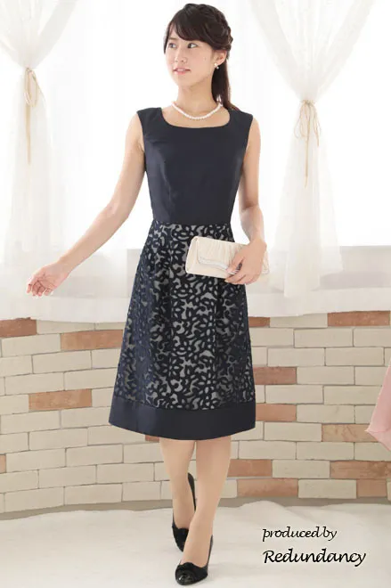 ネイビーのサテン×チュールの切替えドレスコーディネートセット