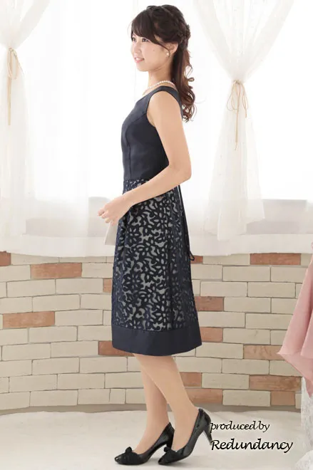 ネイビーのサテン×チュールの切替えドレスコーディネートセット