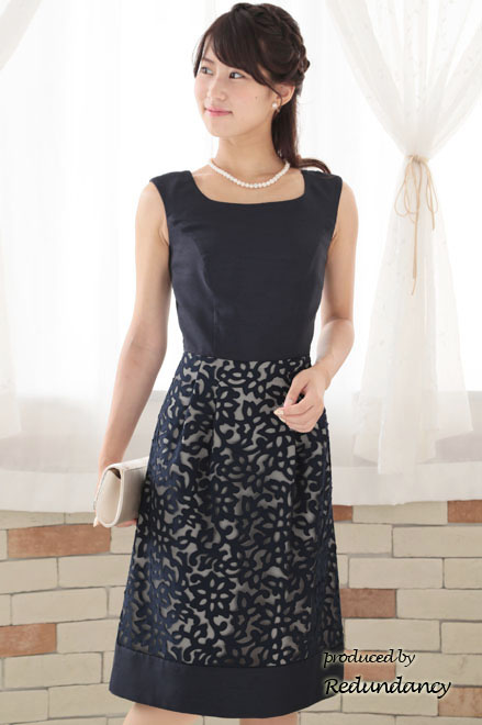 ネイビーのサテン×チュールの切替えドレスコーディネートセット