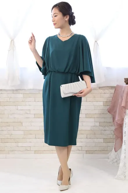 ブルーグリーンのボリュームスリーブドレス