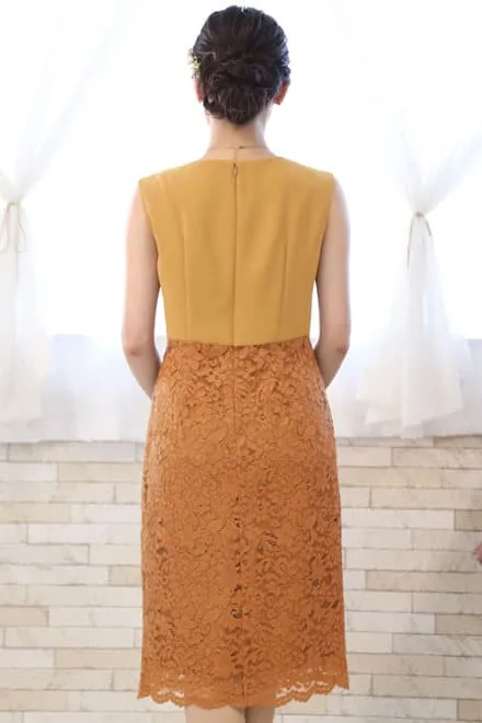 イエローのタイトレースドレス