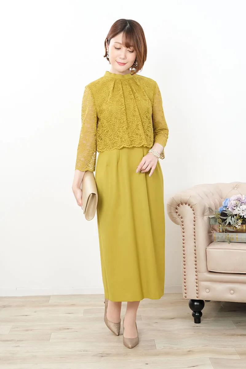 マスタードイエローのレースコンビIラインドレス