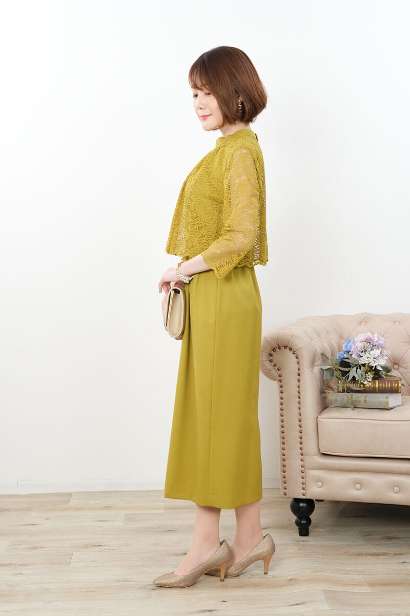 マスタードイエローのレースコンビIラインドレス