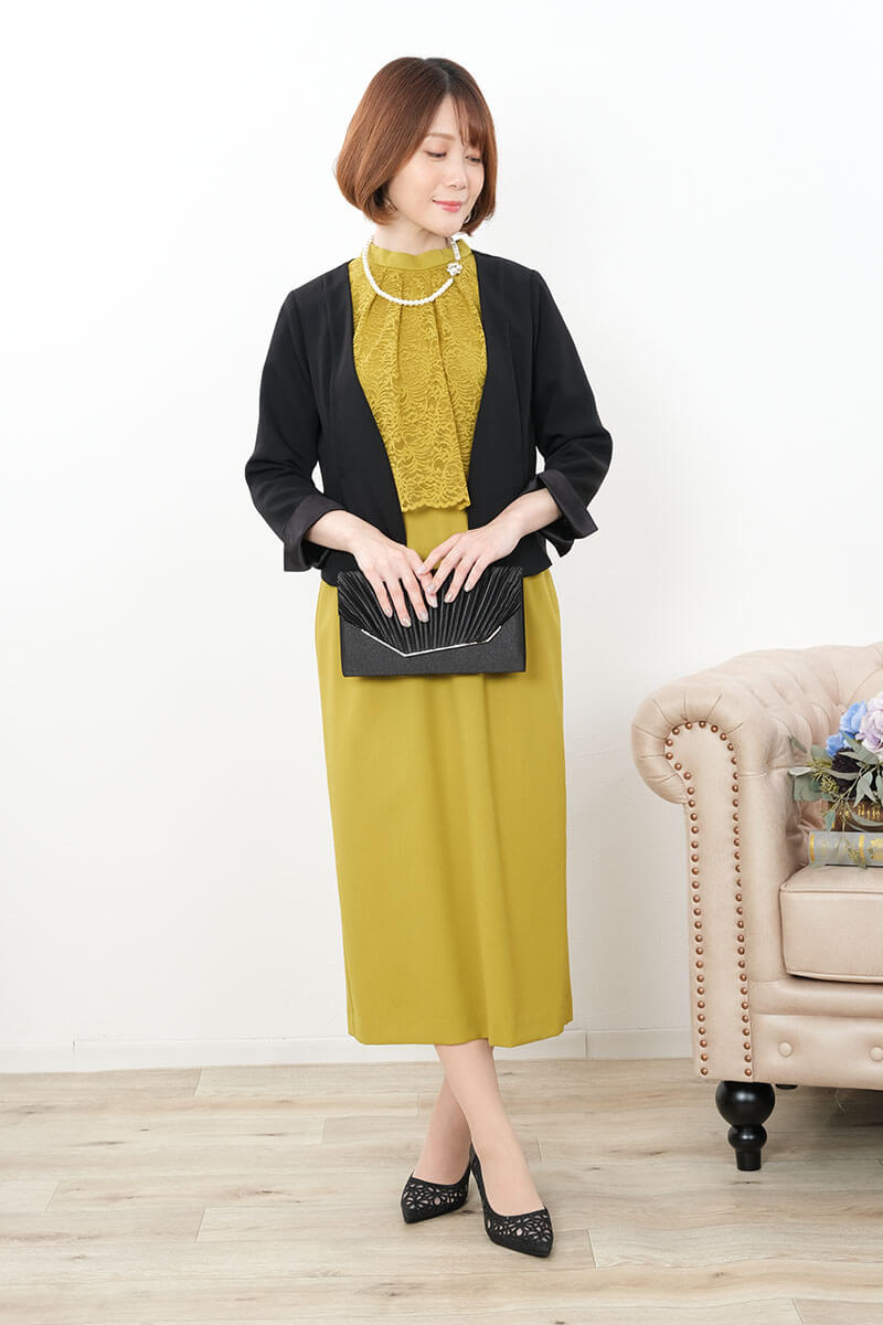 マスタードイエローのレースコンビIラインドレス