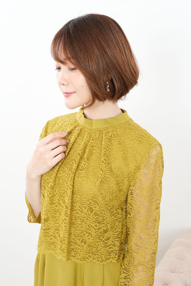 マスタードイエローのレースコンビIラインドレス