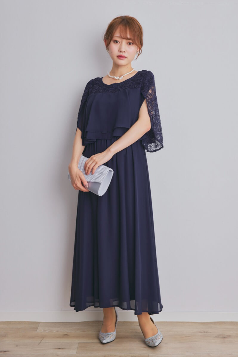 ネイビーの授乳口付スリットスリーブドレス