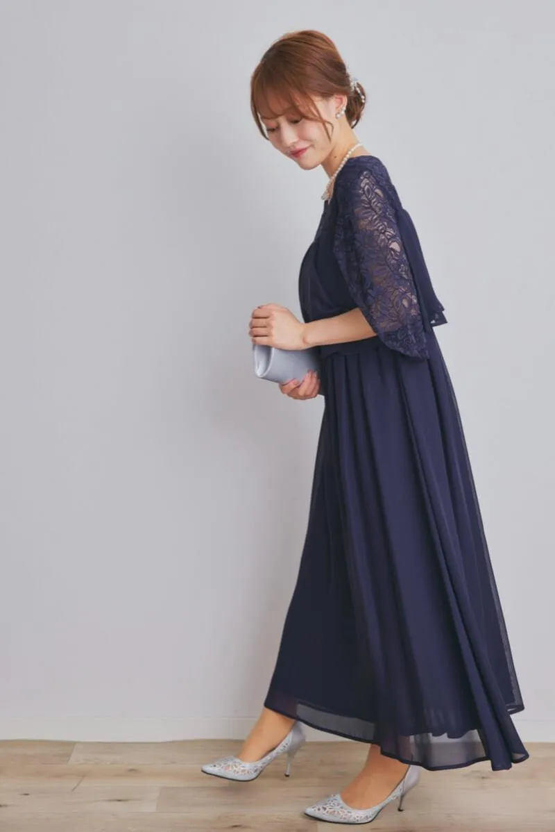 ネイビーの授乳口付スリットスリーブドレス