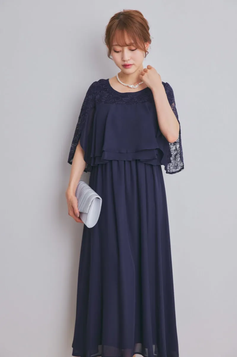 ネイビーの授乳口付スリットスリーブドレス