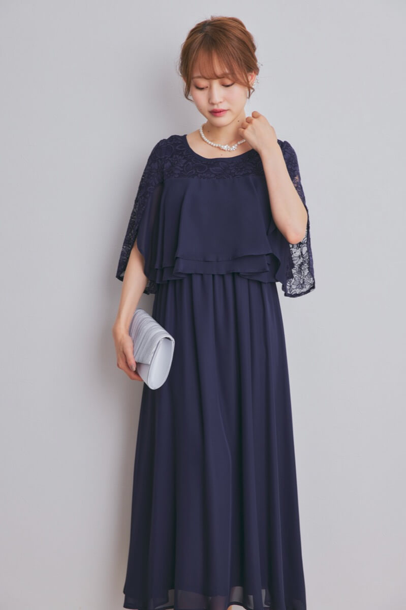 ネイビーの授乳口付スリットスリーブドレス