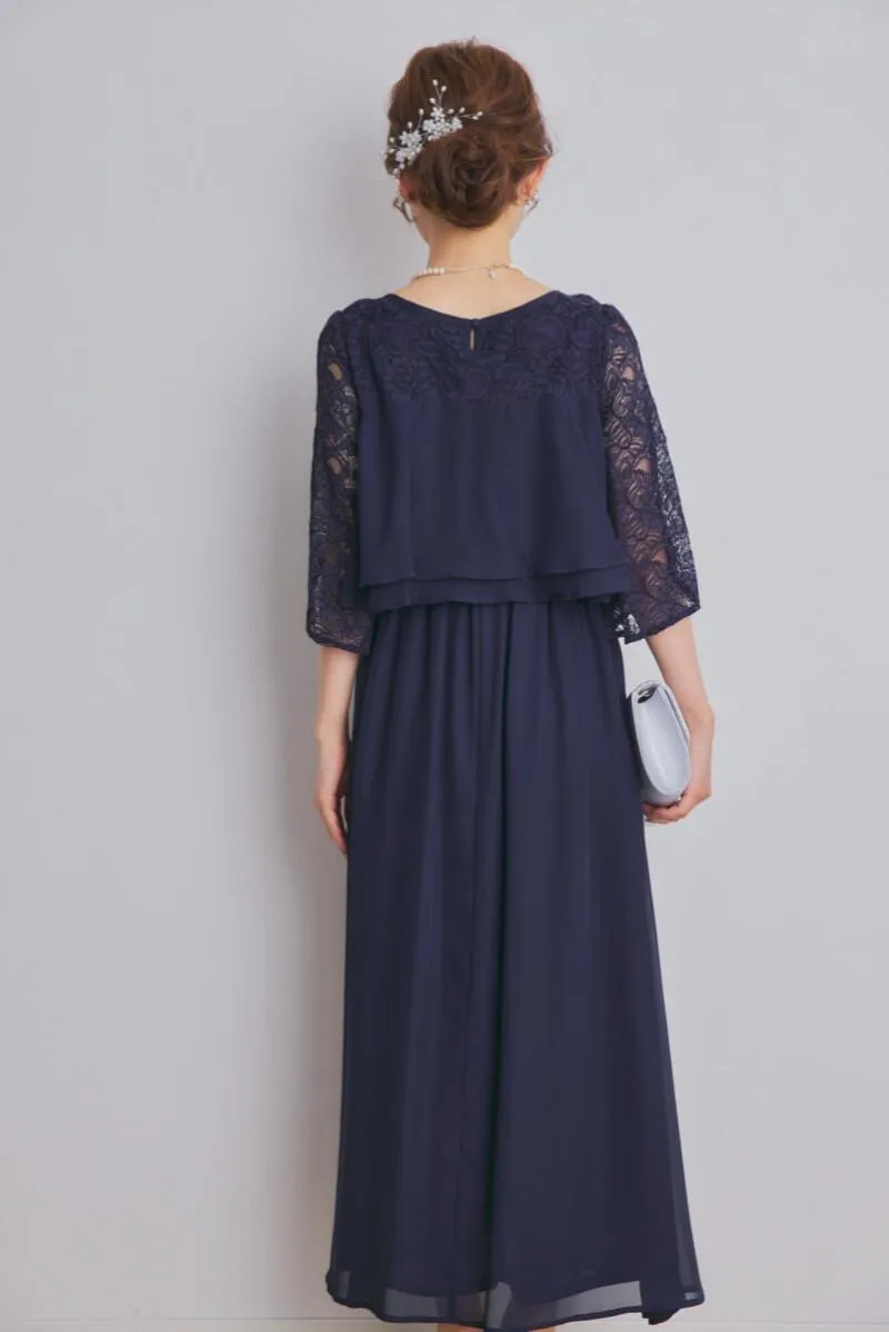 ネイビーの授乳口付スリットスリーブドレス