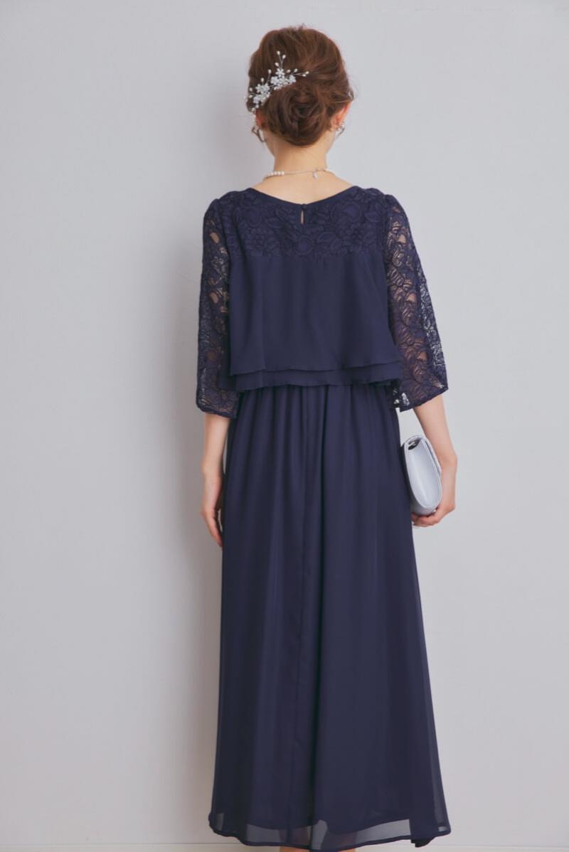 ネイビーの授乳口付スリットスリーブドレス