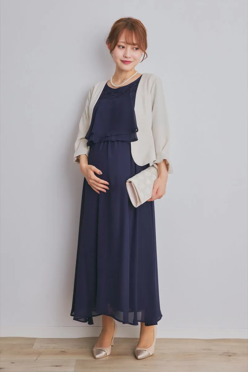 ネイビーの授乳口付スリットスリーブドレス