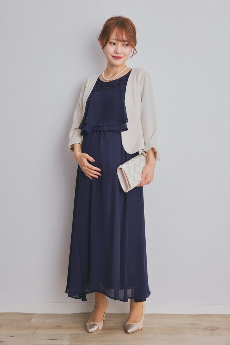 ネイビーの授乳口付スリットスリーブドレス
