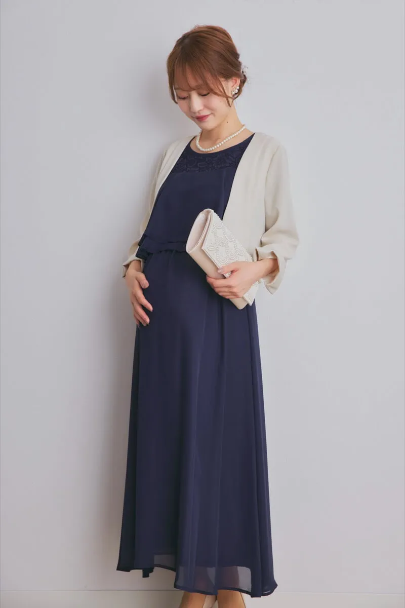 ネイビーの授乳口付スリットスリーブドレス
