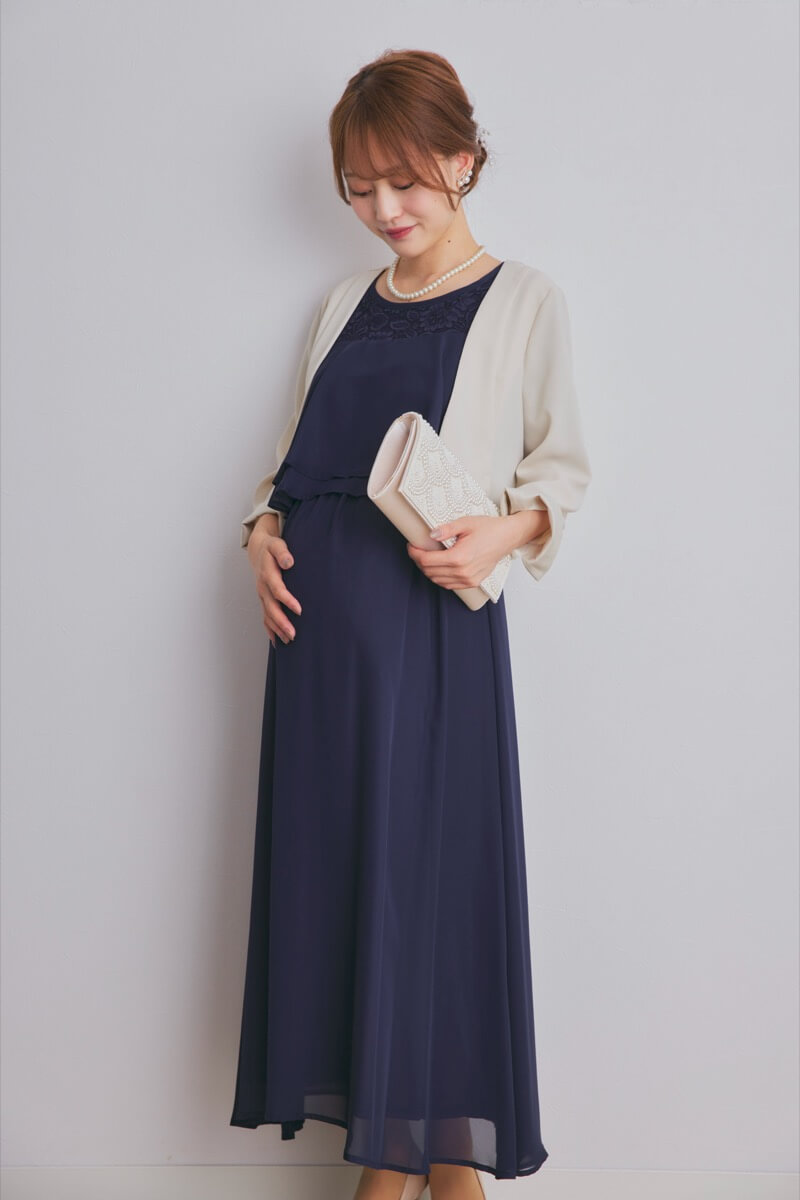 ネイビーの授乳口付スリットスリーブドレス