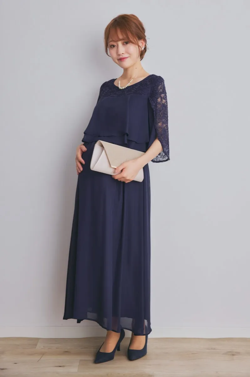 ネイビーの授乳口付スリットスリーブドレス