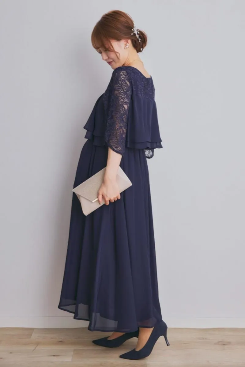 ネイビーの授乳口付スリットスリーブドレス